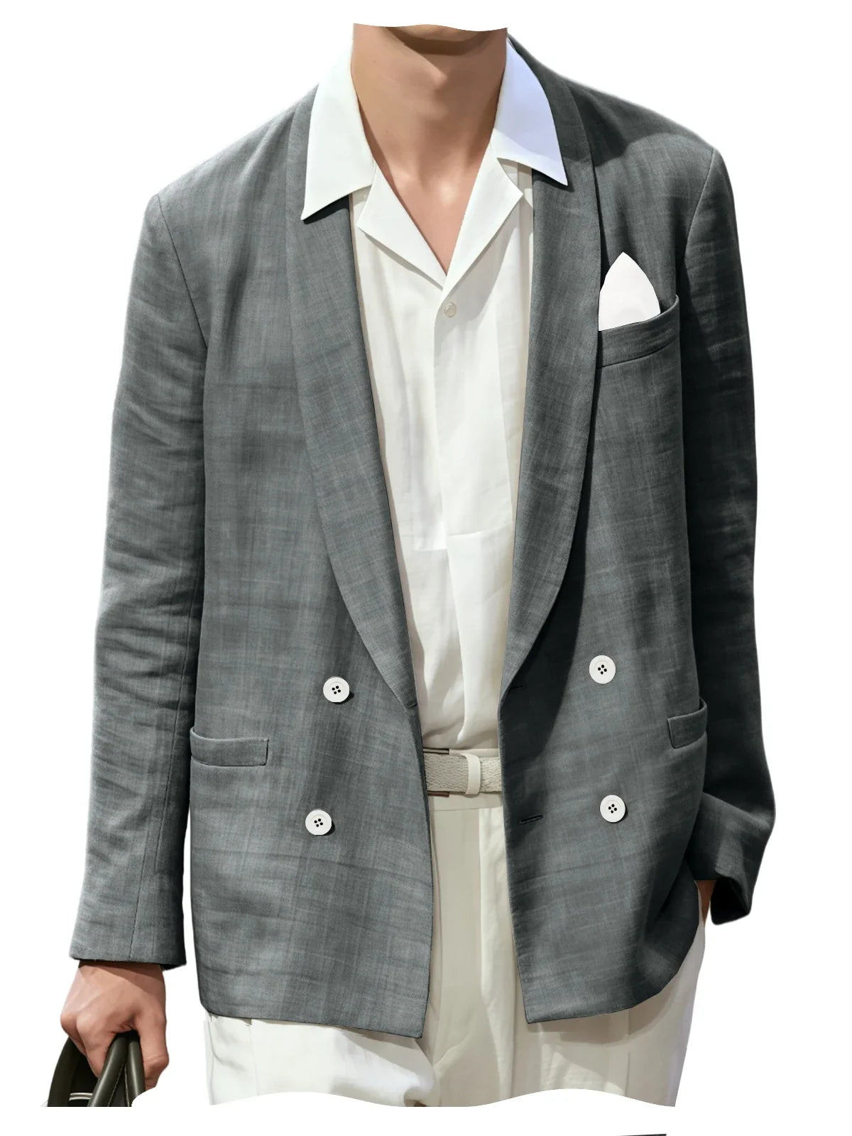 Summer Cotton Linen Blend Men Blazer Double Breasted Casual Suit Jacket Lightweight Soft Elegant Dress Coat For Prom Work Party