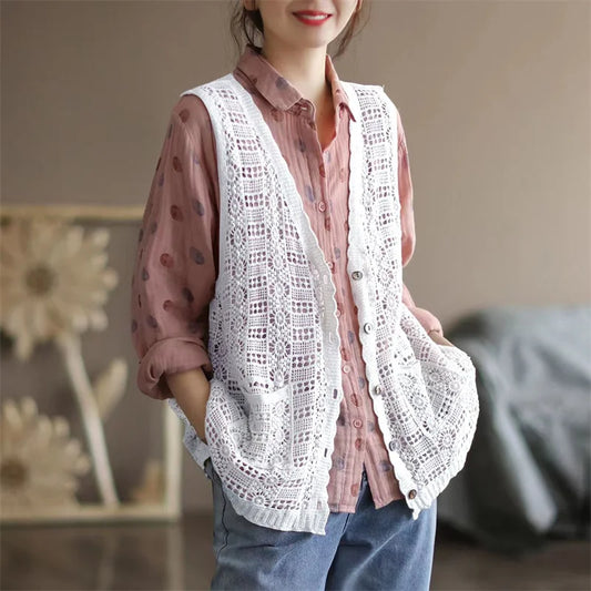 Autumn Women High-end Light Thin Cardigan Waistcoat Spring Female Hollowed-out Vest Jacket Ladies Fashion Sleeveless Casual Coat