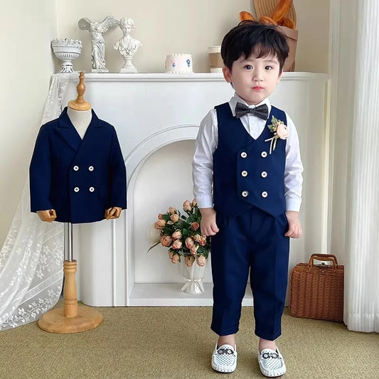 Boys Spring Autumn 5Pieces Wedding Suit Set With Jacket Vest Pants Bowtie Brooch Children Piano Host Performance Costume