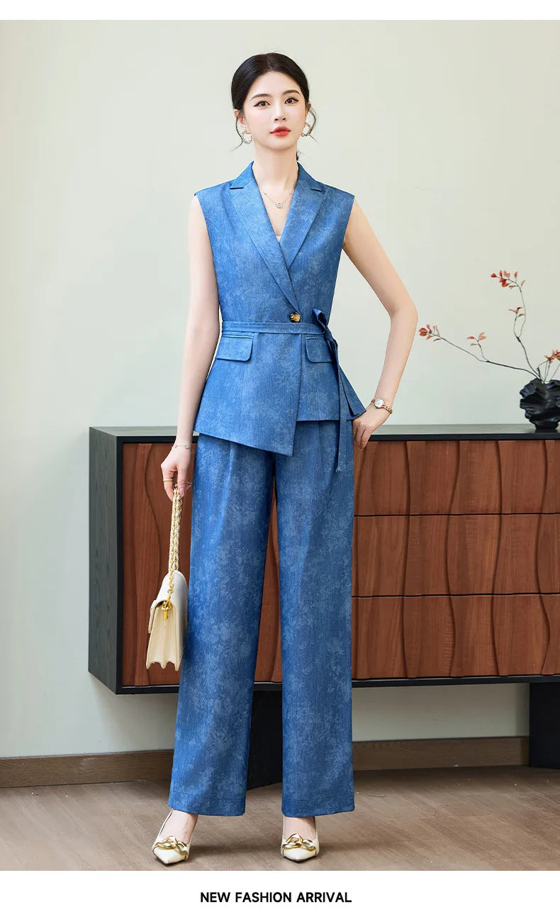 Comfortable 2026 Spring Suit Women's 2 Piece Suit Set Sleeveless Blazer Vest Wide Leg Pants Outfit Casual Office Workwear Dressy