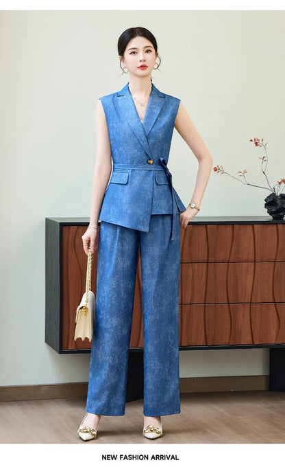 Comfortable 2026 Spring Suit Women's 2 Piece Suit Set Sleeveless Blazer Vest Wide Leg Pants Outfit Casual Office Workwear Dressy