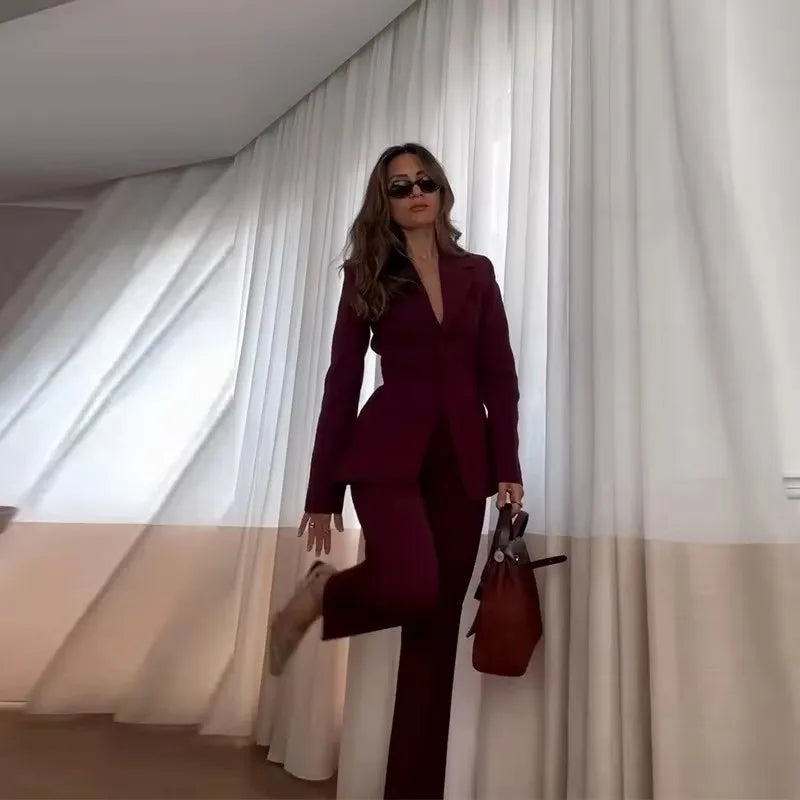 Elegant Women Pants Sets With Jacket 2 Piece Single Breasted Notch Lapel Blazer Slim Fit Female Office Full Women Suits Set
