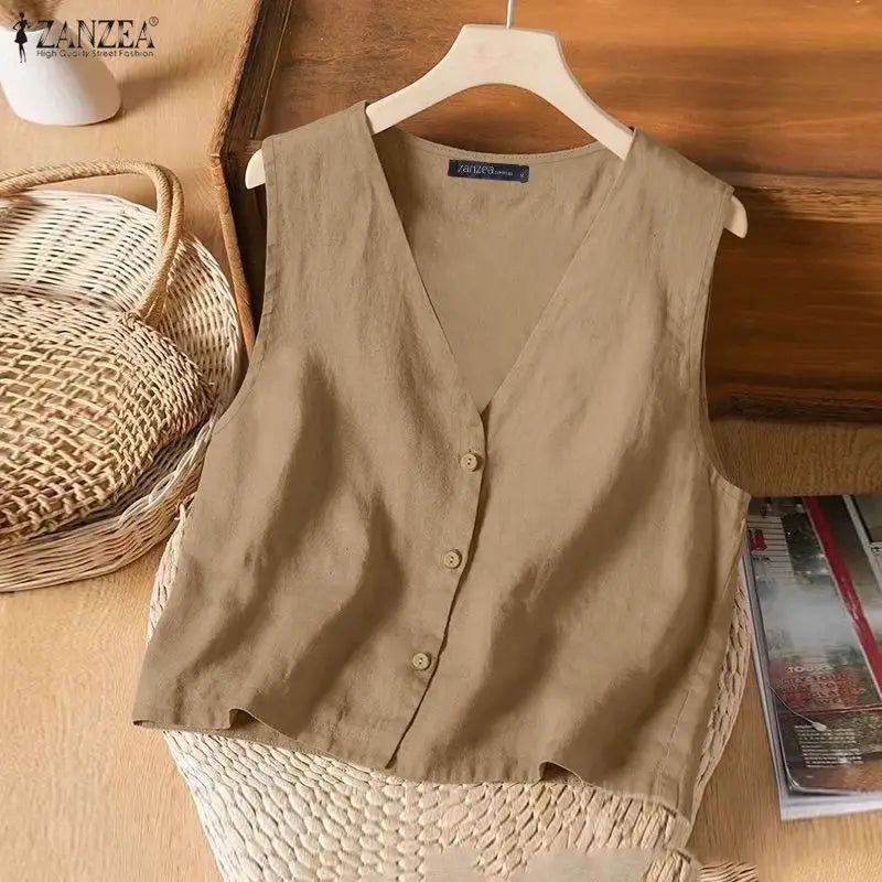Woman Breathable Cotton Linen Solid Color Tank Tops Summer V-Neck Button Up Sleeveless Tops ZANZEA Daily Casual Vacation Tanks