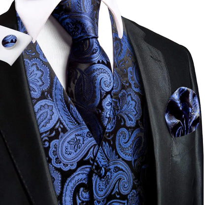 Men's Waistcoat Suit Set with Jacquard Floral Vest, Tie, Hanky & Cufflinks for Wedding and Business