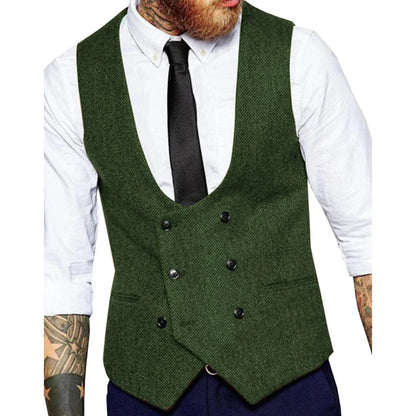Men's Vest Herringbone Double Button Waistcoat for Weddings & Formal Occasions – Army Green