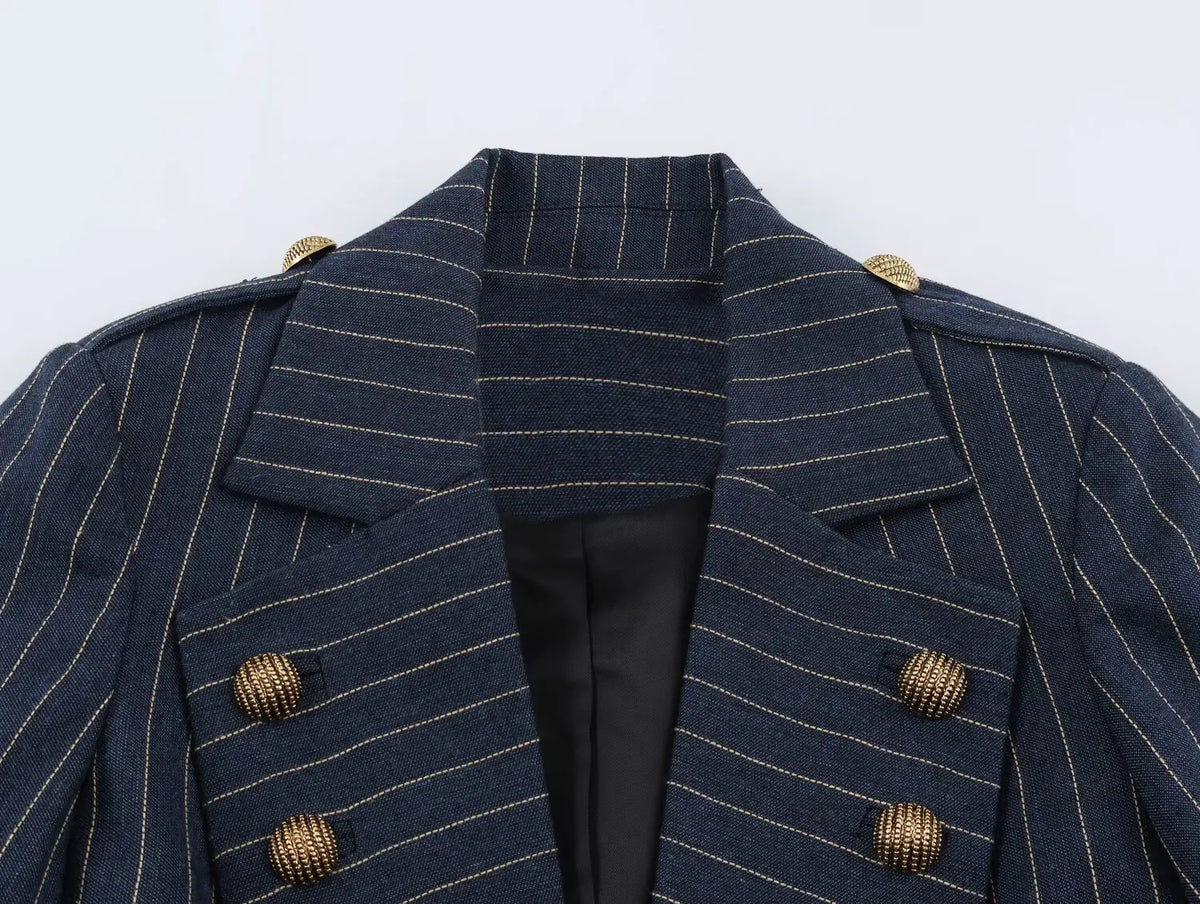 2026 Fashion Women's  Navy Pinstripe Blazer Autumn Elegant Female Long Sleeves Button Military Style Slim Suit Jacket