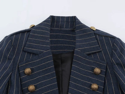 2026 Fashion Women's  Navy Pinstripe Blazer Autumn Elegant Female Long Sleeves Button Military Style Slim Suit Jacket