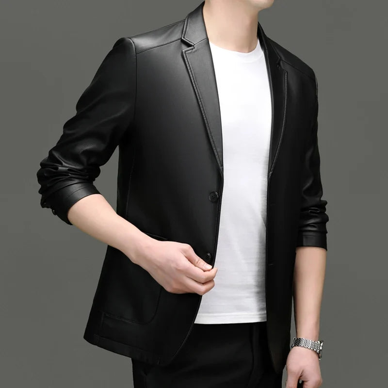 Spring/Summer New Men's Suit Collar Leather Jacket for Business and Casual Wear PU Leather Jacket for Middle-aged Men's Business