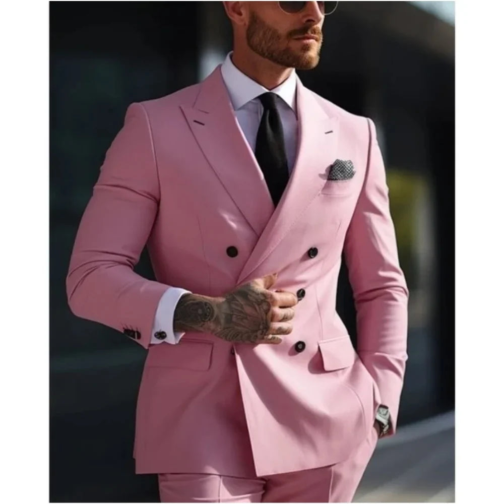 ( Blazer+Pants ) Men's 2 Piece Suits Double Breasted Lapel Slim Fit Man Clothes Groom Wedding Business Office Blazers Homme