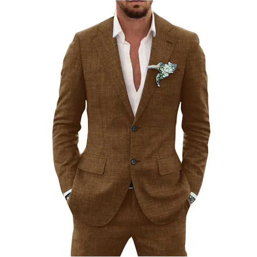 Terno de linho casual masculino, 2 peças, blazer, calça, conjunto slim fit, verão, praia, festa, casamento, baile, noivo, smokin