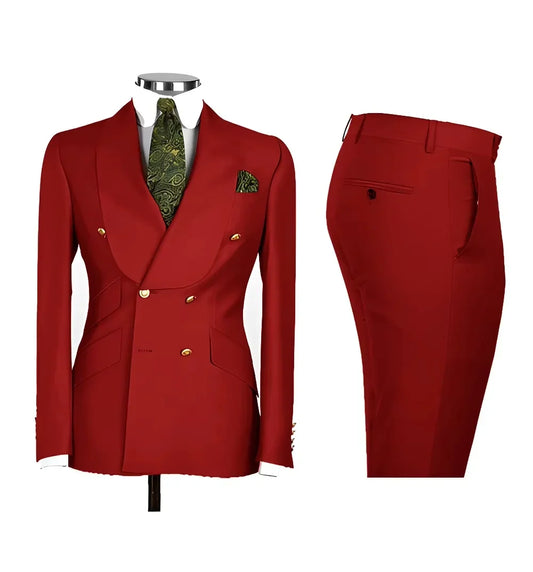 Smart Casual Solid 2 PCS Men Suits Formal Groom Tuxedos Shawl Lapel Double Breasted Jacket Pants Suits Set for Business/Wedding