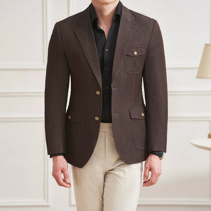 High Quality Men's Denim Style Suit Jacket Vintage Luxury Slim Fit Business Fashion Casual Suit Coat Formal Wedding Tuxedos