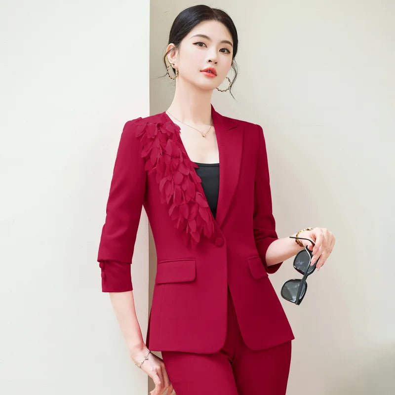 Spring Fashion Office Ladies Blazer and Pants Suit Formal Solid Color Women Jacket Trouser Women Business Work Wear 2 Piece Set