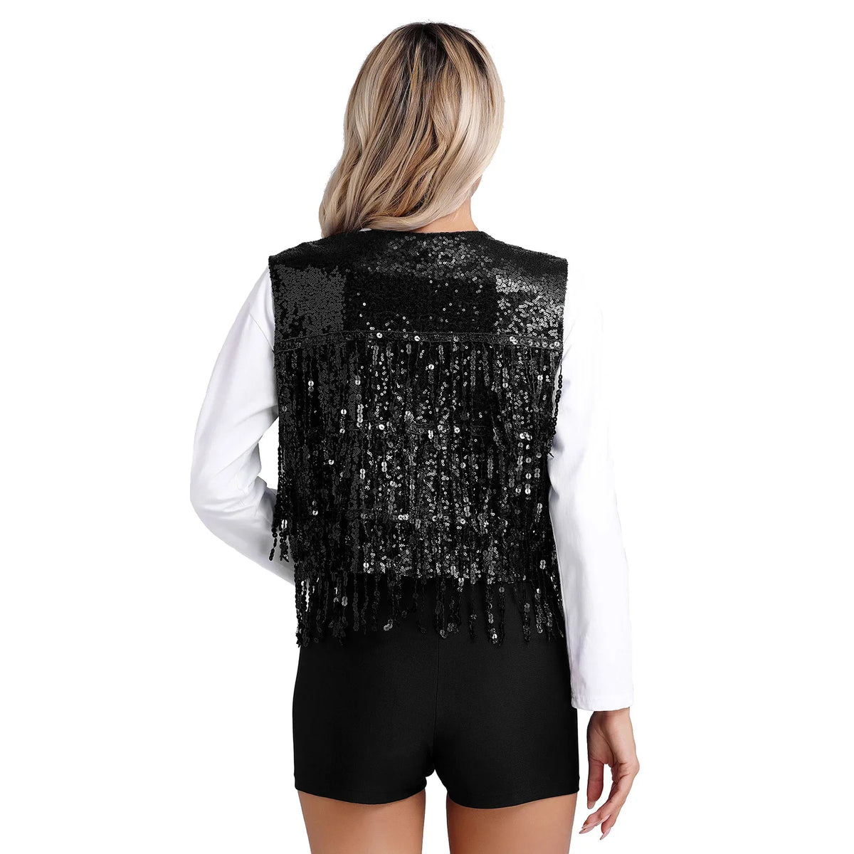 Fashion Sequins Vests Women's Tassel Sleeveless Waistcoat Jazz Dance Costume Shiny Vest 80s Disco Music Festival Party Clubwear