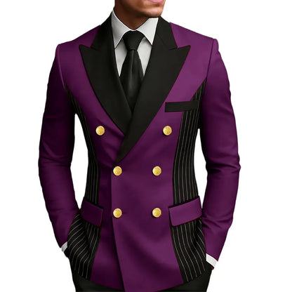 Men's Double Breasted Blazer Striped Patchwork Peak Lapel Slim Fit Formal Wedding Suit Jacket