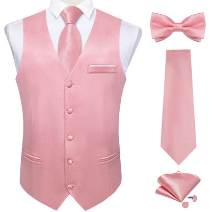 Men's Satin Suit Vest Set with Necktie Bow Tie Handkerchief and Cufflinks for Wedding and Formal Occasions