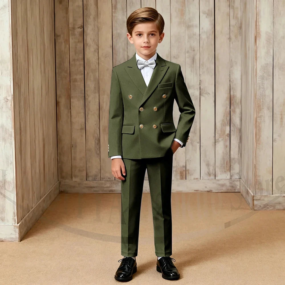 Chic Boys Suit Fashion Double Breasted Peak Lapel Wear Formal Wedding Party Prom Kids Elegant Gentleman Outfit 2 Piece Set