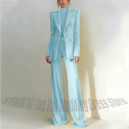 Women Pant Suit 2 Piece Set Office Female Business Work Formal Jacket Trouser One Button Chic Yellow Peaked Lapel Elegant Suit