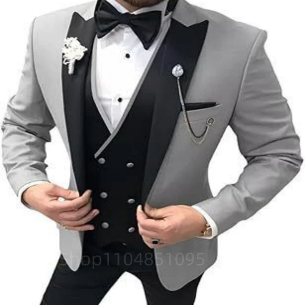 3 Piece Wedding Suits for Men Peak Lapel Double Breasted Tuxedo Jacket Vest Pants Groom Business Fashion Party Set
