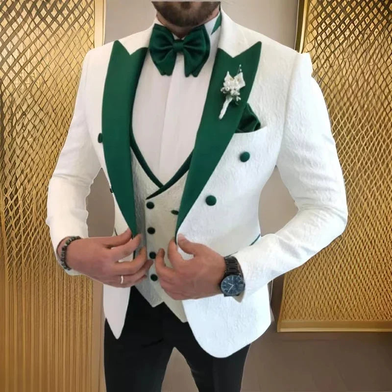 3 Pieces Peak Lapel Wedding Suits for Men Single Breasted Jacquard Jacket with Vest Pant Groom Tuxedo Male Fashion Men Suits