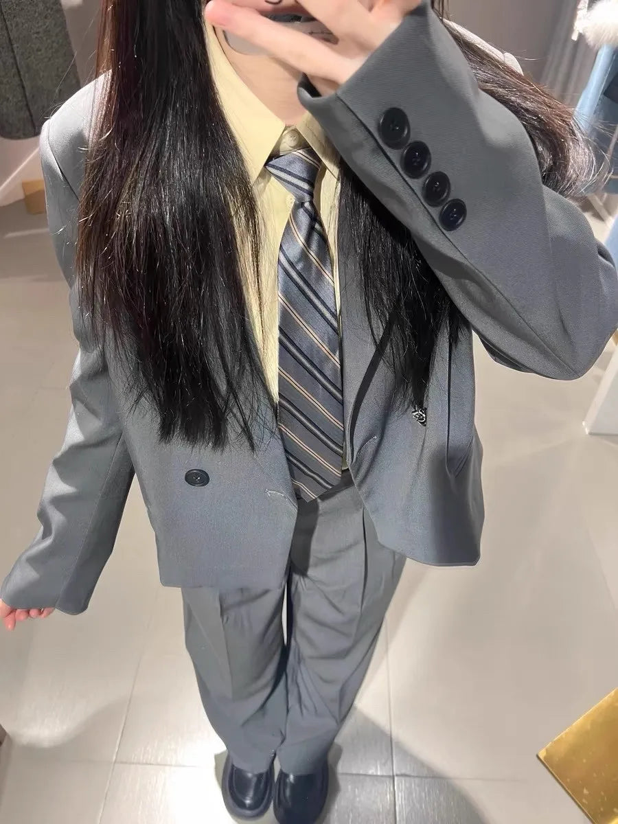 Solid Suits for Women 2025 Spring Fashion Office Ladies Long Sleeve Double Breasted Short Tops Chic Cargo Pant Suits