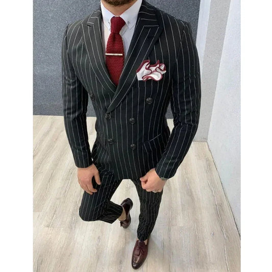Black Striped Men Suits Wedding Groom Male Clothing Double Breasted Peak Lapel BlazerSlim Fit 2 Piece Jacket Pants Full Set