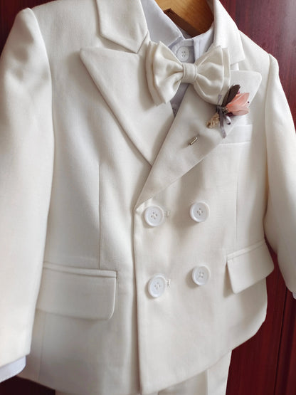 Baby Boy 4Pcs White Formal Suit Double Breasted Blazer Pants Suspenders Bow Tie Toddler Wedding Birthday Party Gentleman Costume