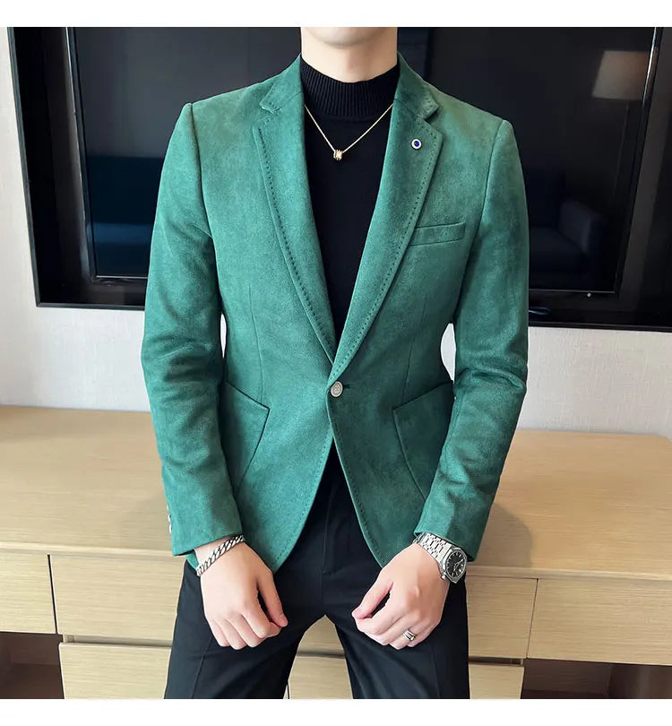British Style Autumn Suede Business Casual Suit Jacket for Men High Quality Social Office Blazers Wedding Groom Dress Coats