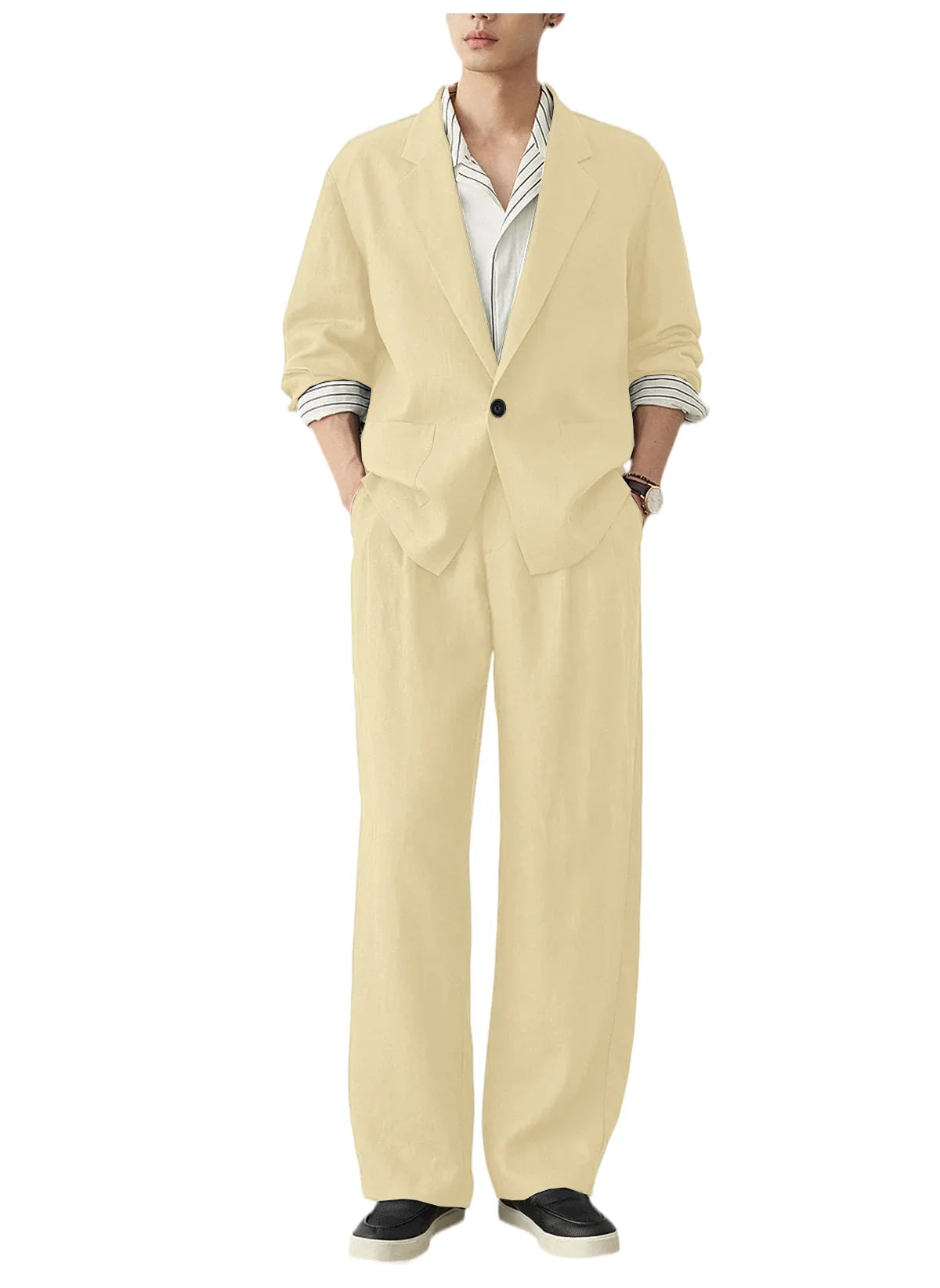 Men's Linen Blazer Suit Set Lightweight Breathable Casual Jacket Business Vacation Party Wedding Spring Summer Autumn Daily Wear