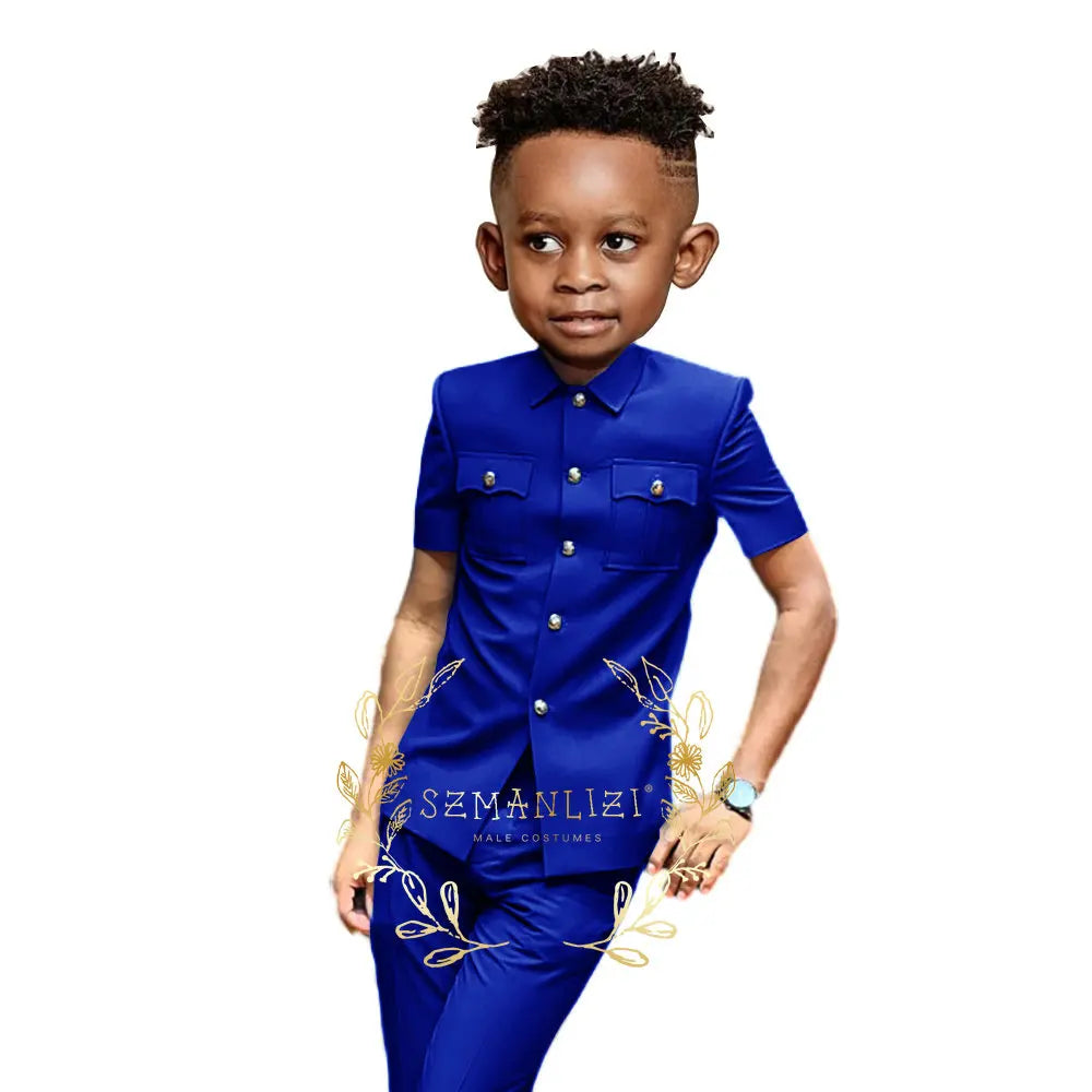 Boys Suit Black 2 Pieces Short Sleeve Party Tuxedo Formal Wedding Kids Clothes Indian Style Blazer Pants 2-16 Years Old
