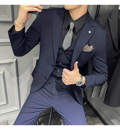 Men's 3 Piece Suit Set Double‑Button Slim Fit Solid Color Business Casual Wedding Party Jacket Vest Pants Formal Outfit for Men