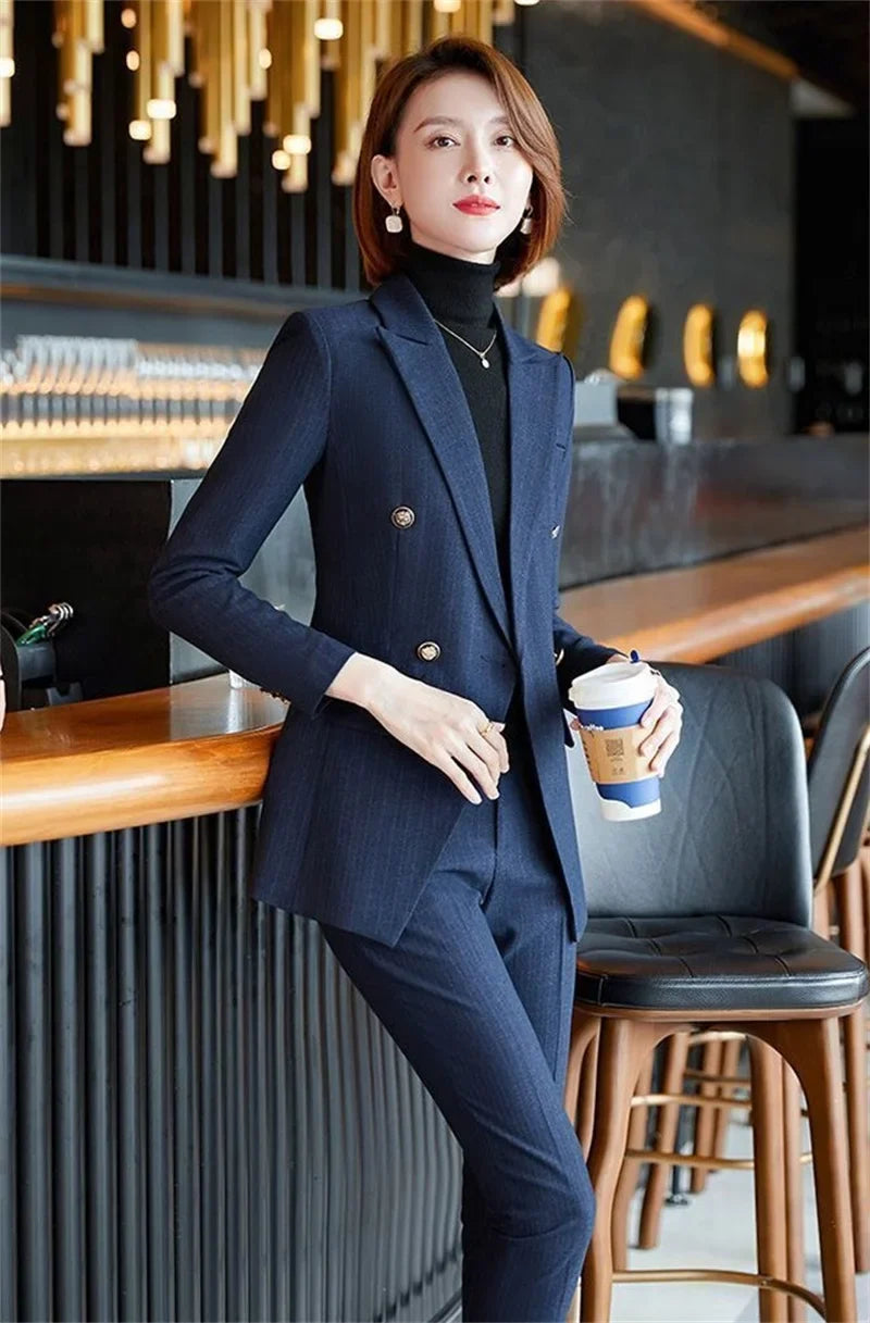 Elegant Office Ladies Two Piece Sets Womens Outifits 2025 New Double Breasted Long Sleeve Blazers Loose Casual Pant Suits
