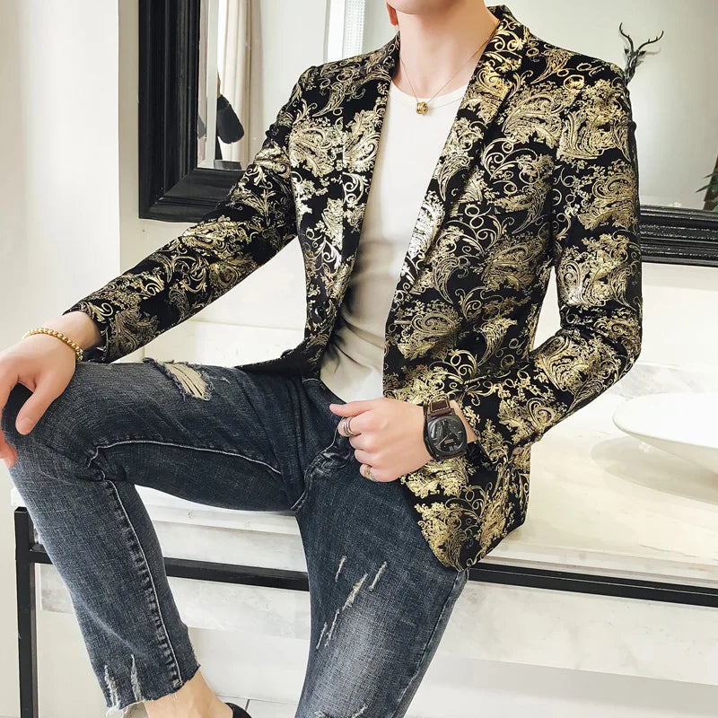 Luxury Gold Embroidered Suit Jacket Men Stage Singer Casual Blazers Male Business Wedding Groom Social Host Dress Coat M-5XL