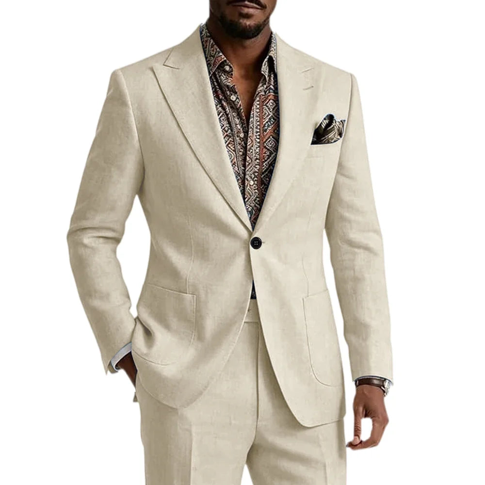 Men's Linen Blend Suit 2 Pieces Set Solid Color Peak Lapel Slim Fit One Button Jacket Pants Formal Outfit Wedding Business Casua