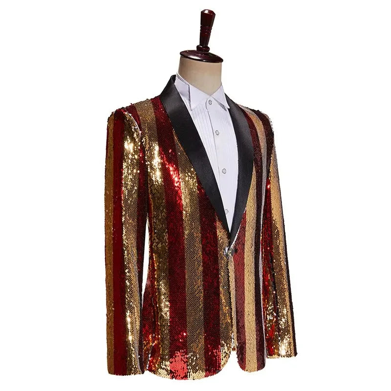 Men's Luxury Sequins Suit Jacket Double Side Stripes Trendy Blazers Banquet Evening Party Singer Host Stage Performance Tuxedo