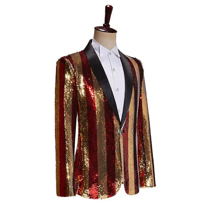 Men's Luxury Sequins Suit Jacket Double Side Stripes Trendy Blazers Banquet Evening Party Singer Host Stage Performance Tuxedo
