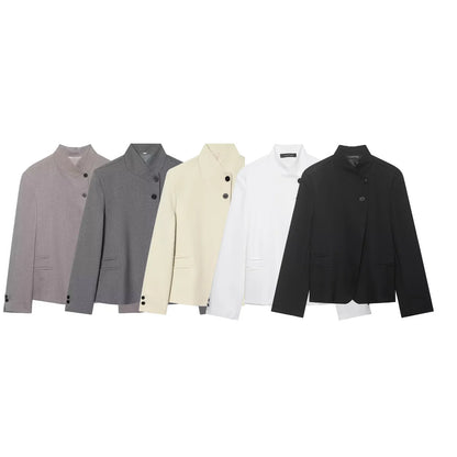 Elegant Women Solid Blazer Coat Spring Autumn Turtleneck Long Sleeve Single Breasted Straight Blazer Female Chic Suit Jacket