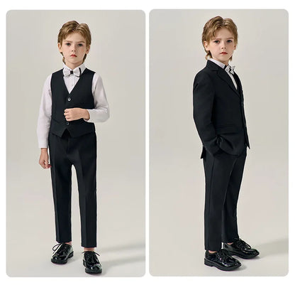 Boys Dark Green Jakcet Vest Pants Bowtie Evening Party Dress Children Wedding Photograph Suit Kids Ceremony Performance Costume