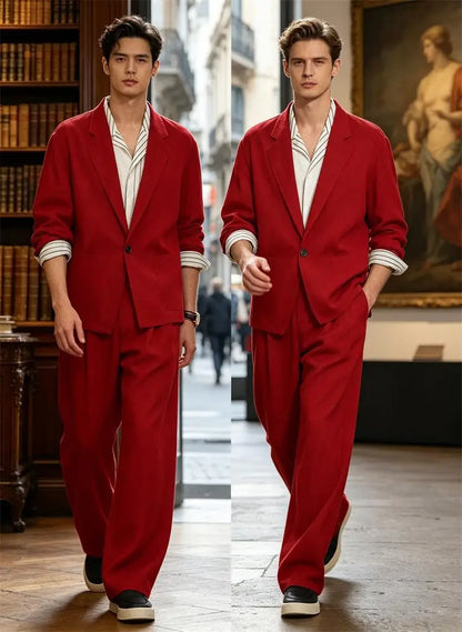 Men's Linen Blazer Suit Set Lightweight Breathable Casual Jacket Business Vacation Party Wedding Spring Summer Autumn Daily Wear