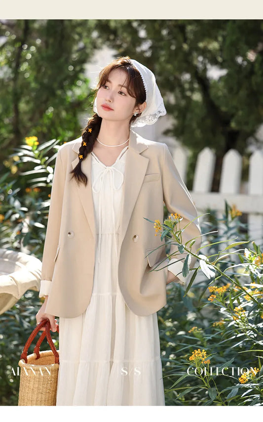 Light Khaki Blazer New 2026 Peak Lapel Straight Fit Back Split Women's Blazers Fashion Casual Office Lady Coats L33582