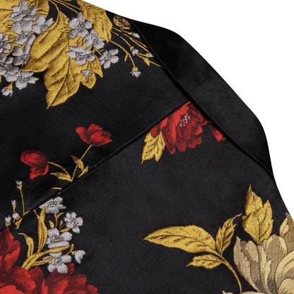 Men's Black Gold Red Floral Jacquard Shawl Lapel Blazer Single Breasted Tuxedo Jacket Suit Coat for Wedding Prom Party Outerwear