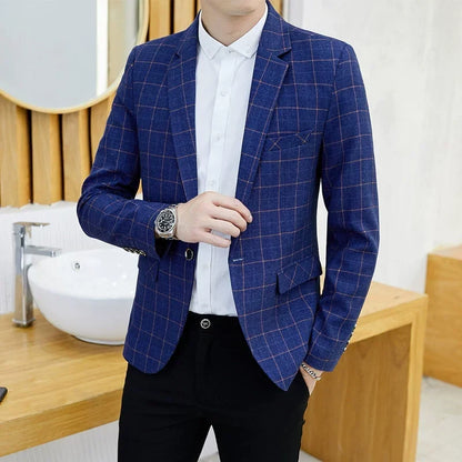 Men's Plaid Smart Casual Blazer Slim Fit Single Button Suit Jacket for Wedding & Business