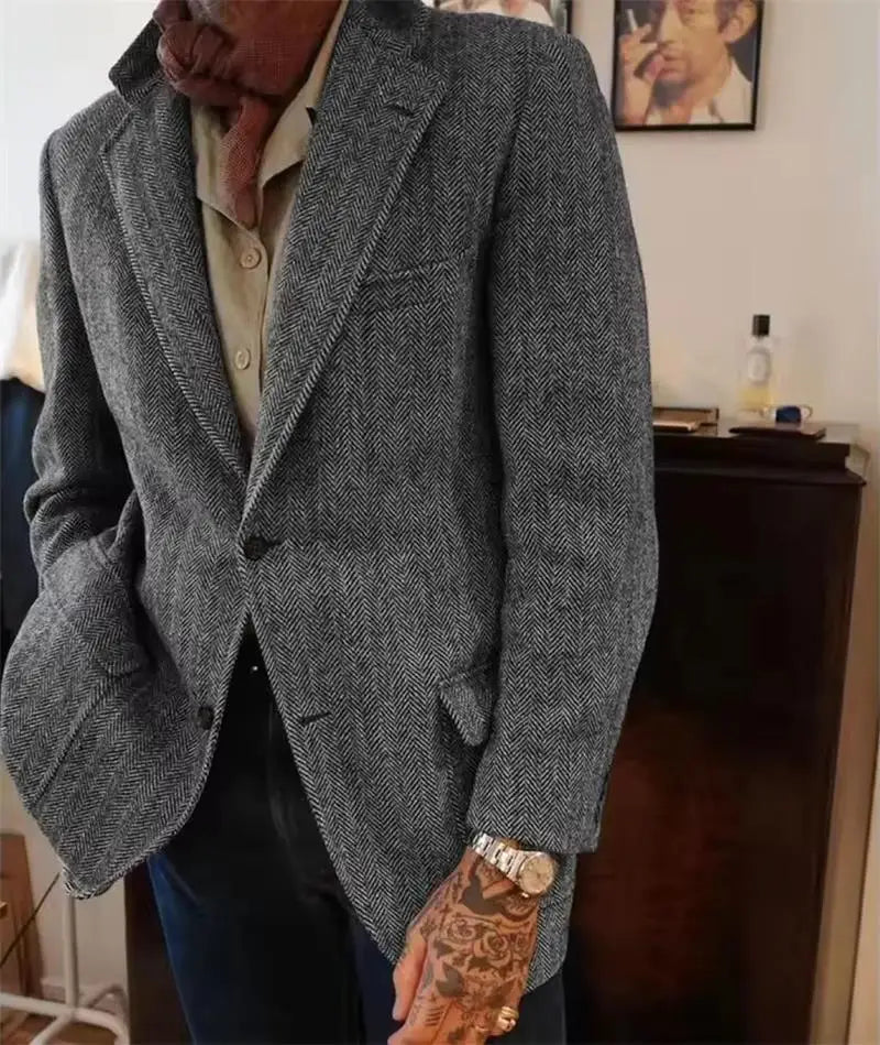 Mens Herringbone Tweed Blazer Vintage Wool Blend Houndstooth Jacket Regular Fit Notch Lapel Business Casual Outerwear Coat