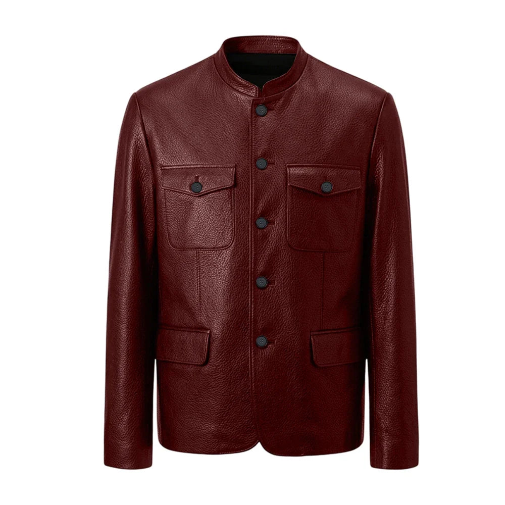 Men Premium Leather-Like Stand Collar Jacket Single Breasted Casual Multi-Pocket Slim Fit Business Outerwear