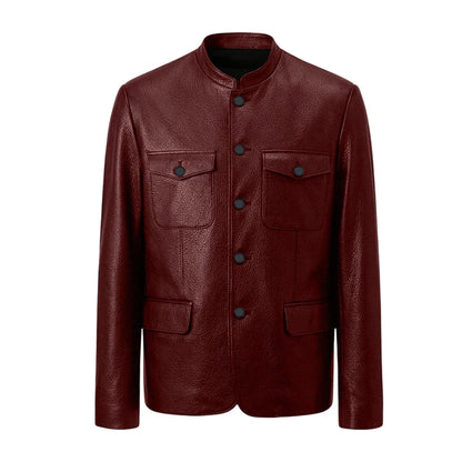 Men Premium Leather-Like Stand Collar Jacket Single Breasted Casual Multi-Pocket Slim Fit Business Outerwear