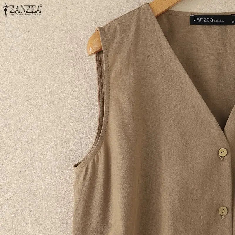 Woman Breathable Cotton Linen Solid Color Tank Tops Summer V-Neck Button Up Sleeveless Tops ZANZEA Daily Casual Vacation Tanks