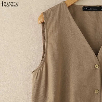 Woman Breathable Cotton Linen Solid Color Tank Tops Summer V-Neck Button Up Sleeveless Tops ZANZEA Daily Casual Vacation Tanks