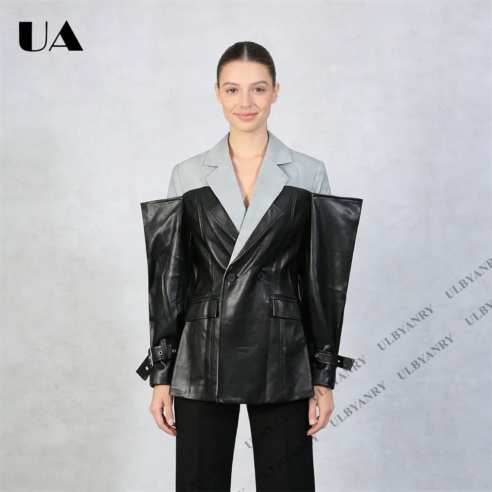 Colorblock Faux Leather Blazer with Notch Lapel Cuff Straps for Street Style Fashion Week Suit Jacket Club Night Blazer