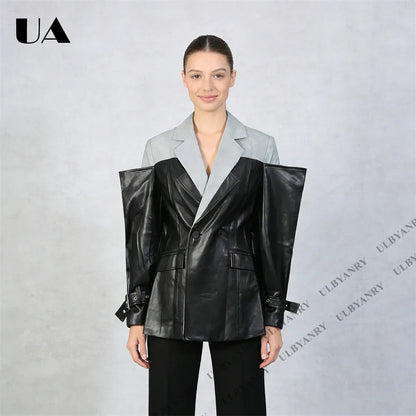 Colorblock Faux Leather Blazer with Notch Lapel Cuff Straps for Street Style Fashion Week Suit Jacket Club Night Blazer
