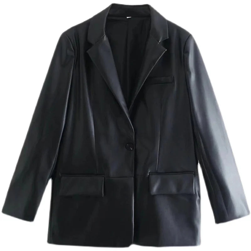 Winter 202 Women's Leather Look Suit Jaet Faionable Commute Sle Long Sve Single Button Closure Regular Length Coat